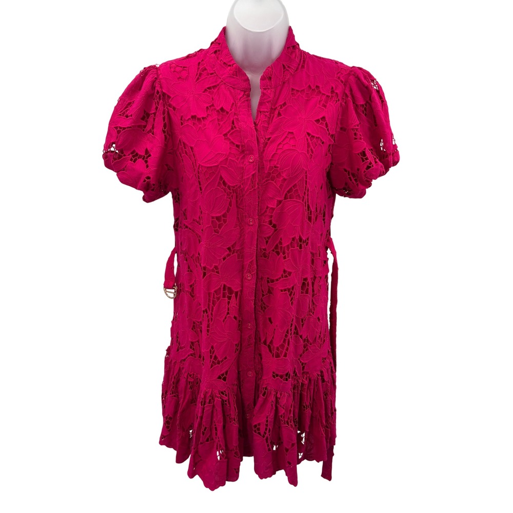 Karina Grimaldi Pink Guipure Lace Puff Sleeve Ruffle Mini Shirt Dress Womens XS